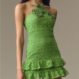 Farm Rio Halter Floral Ruffle Crochet Mini Dress